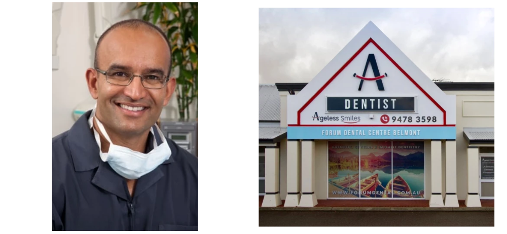 Dr Armando Menezez and the exterior of Ageless Smiles